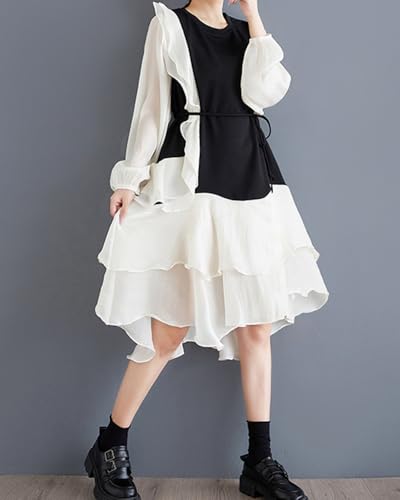 ellazhu Women's Dress Loose Oversize Casual Patchwork Drawstring Crewneck Mid Length Baggy GZ341 A4