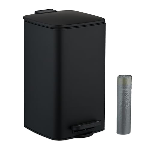 Relaxdays Kosmetikeimer, 8 L, Absenkautomatik, entnehmbarer Inneneimer, Metall, Bad Mülleimer, inkl. Müllbeutel, schwarz