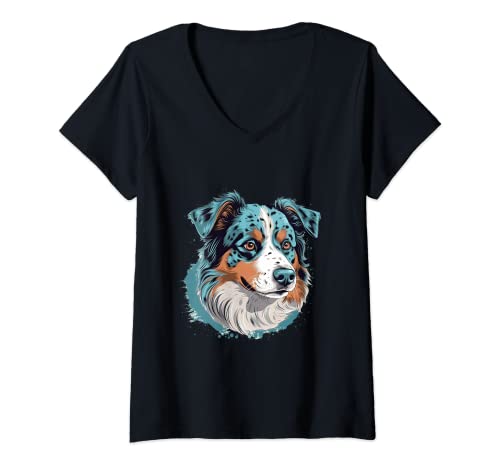 Womens Furry Companions: Australian Shepherd Canine V-Neck T-Shirt