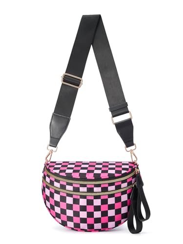 Image of Black and White Checkered Crossbody Bag Bum Bag for Women,Spacious Checkered Purse Fanny Packs Belt Bag