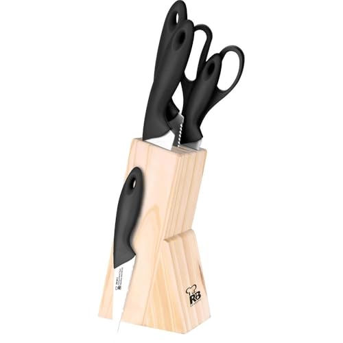 Renberg Dresde - Juego De 5 Cuchillos - Acero Inoxidable - Cuchi Chef 18 cm - Cuchi De Pan 20 cm - Cuchi Multiusos 12.5 cm - Cuchi De Pelar 8.75 cm - Tijeras - Mango Negro - Bloque De Madera
