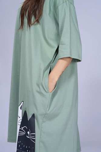 Image of LAMA STORE Women's Printed Oversized T-Shirt Dress, Cotton, 3 /4 Sleeve Length, Casual Loose Fit, Comfort Wear Extra Comfy Oversized Printed Pocket T-Shirt Dress