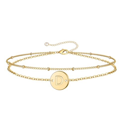 MONOZO Bracelets for Women Jewelry Gifts - Dainty 18K-Gold-Plated Disc Monogram Letter D Initial Bracelets for Women Trendy Personalized Letter Bracelet Jewelry Gifts for Her
