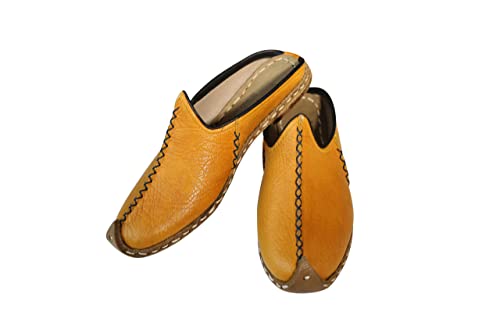 Authentic 100% Handmade Genuine Leather Women's Turkish Saracli Open Heel Slippers - Lightweight - Breathable (8.5, Yellow)