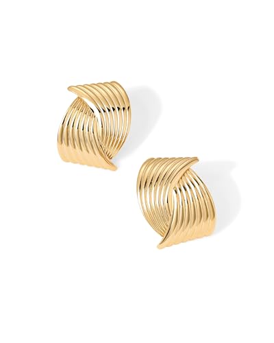 Image of PAVOI 14K Gold Plated Chunky Vintage Earrings for Women - Trendy Textured Ribbed Knot Geometric Triangle Rope Button Seashell Wing Dangle Drop Stud Earring