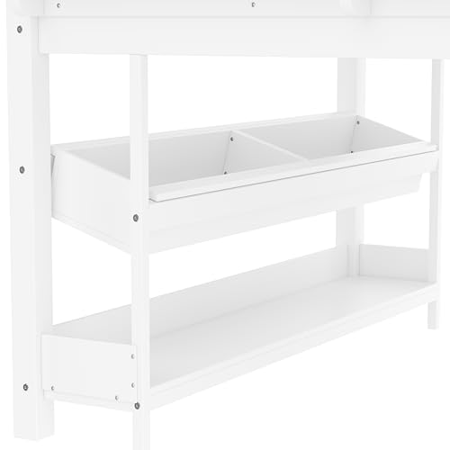 Image of Full Loft Bed with Multi-Storage Bookcases, Boxes and Drawers, Solid Wood Low Loft Beds with Desk and Blackboard, No Box Spring Needed (White-02)