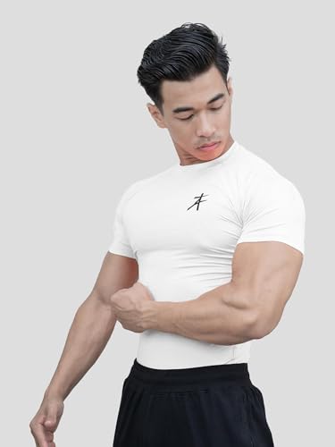 Image of Athflex Edge Compression T Shirt Compression T Shirt for Men Polyester Spandex Stretch Training Running Fitness Gym Workout Activewear Athletic Top White