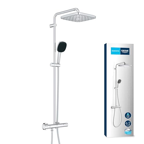 GROHE Vitalio Comfort 250 Colonne de Douche avec Mitigeur Thermostatique (Douche de Tête Cube 25cm 1 jet (Pluie), Pommeau de Douche 11cm 2 jets, Flexible...