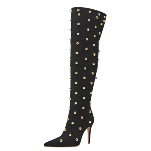 FSJ Women Studded Stiletto High Heel Over the Knee Boots Pointed Toe Side Zipper Thigh High Boot Long Fall Winter Sexy Stretch Suede Shoes Size 4-16 US