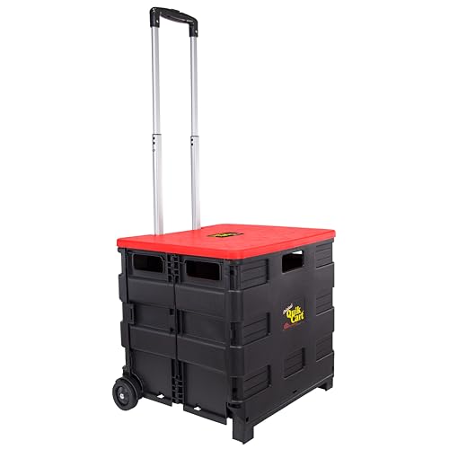 Image of dbest products Quik Cart Collapsible Rolling Crate on Wheels for Teachers Tote Basket 80 lbs Capacity, Made from Heavy Duty Plastic and used as a Seat, Standard, Red