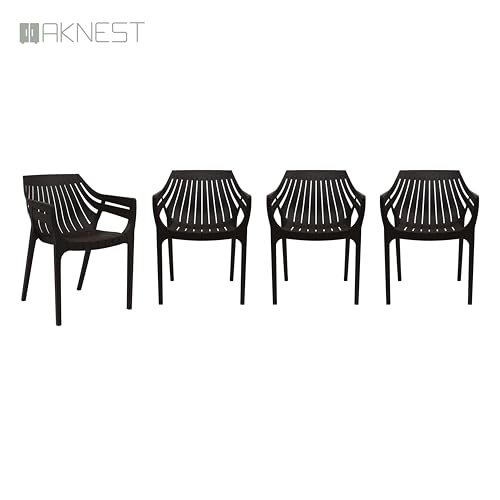 Image of OAKNEST Supreme Spectrum Plastic Arm Chair - Modern Slatted Stackable Chair for Living Room, Dining, Garden, Balcony, Restaurant & Cafe | Weatherproof Indoor Outdoor Designer Chair, Set of 4, Wenge