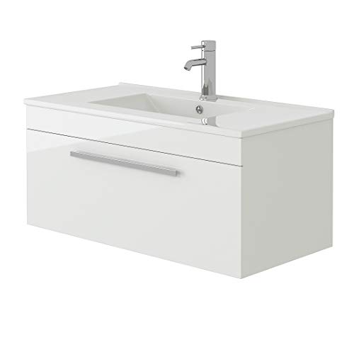 VeeBath Venus 800 Wall Hung Vanity Unit, Slim Wash Basin Bathroom Sink, Soft Close Door, Cloakroom Wall Mounted Storage Cabinet- White (Flat Pack)