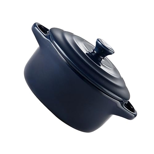 EXHUMKY Bowl de Cerámica Doble Asa y Tapa para Cocina Compatible con Microondas Azul Oscuro