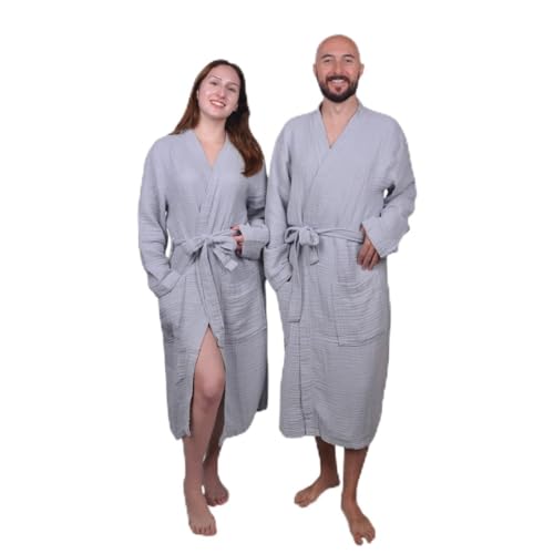 Image of Muslin Bathrobe - Cotton Gauze Robe for Women and Men - Lightweight Breathable Summer Kimono - Boho Spa /Maternity Robe