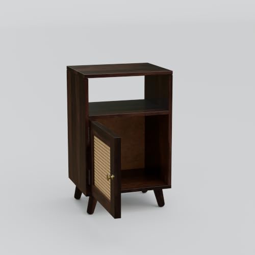 Image of Solid Sheesham Wood Bedside Table with Natural Cane Rattan Door & Open Shelf | Wooden Nightstand with Storage Cabinet | End Table for Bedroom (Walnut Finish)