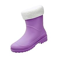 SRTUMEY UK Clearance Women's Wellington Boots Mid Calf Ankle Boots for Women Waterproof Warm Fur Lined Wellies Boots Plush Fleece Inner Boots Ideal for Garden Camp Size 6 Purple