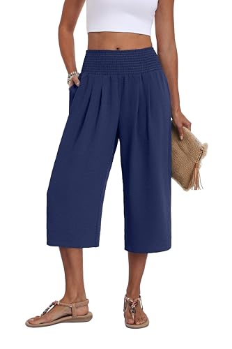 Lepunuo Women's Wide Leg Capri Pants Summer Vacation Flowy Casual Pants with Pockets A-Blue