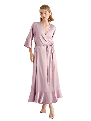 SIORO Women's Satin Robe Long Ruffle Hem Belted, Kimono Bathrobe 3/4 Sleeve Silky Bridesmaid Bath Robes, Dusty Rose , Small / Medium