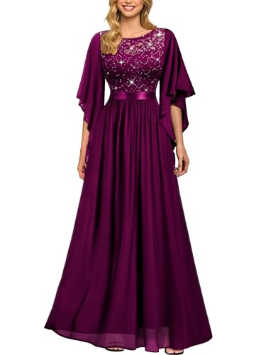 Miusol Women's Elegant Style Sequin Lace Contrast Chiffon Bridesmaid Party Maxi Dress