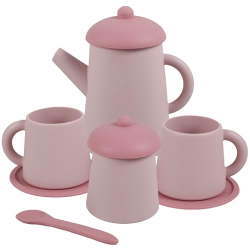 Silicone Tea Party Set, BPA Free Tea Set Toy Cute Toddler Tea Set Tea Party Bath Toy Set for Kids Play Tea Set for Little Girls Play Kitchen Accessories Gift for Kids(Pink)
