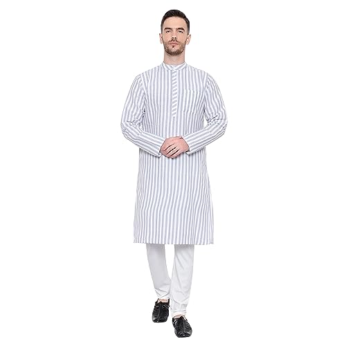 Image of LATEST CHIKAN Broad Striped Cotton Men's Long Kurtas