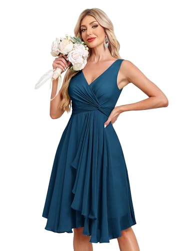 Image of Women's V Neck Short Bridesmaid Dresses 2025 Ruched Waist A Line Chiffon Formal Cocktail Party Dress