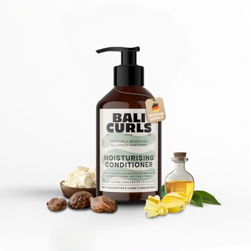 Bali Curls - Acondicionador hidratante con manteca de karité, aceite de coco y ylang-ylang – Cuidado del cabello antiencrespamiento para rizos, método vegano y rizado, sin siliconas, 250 ml