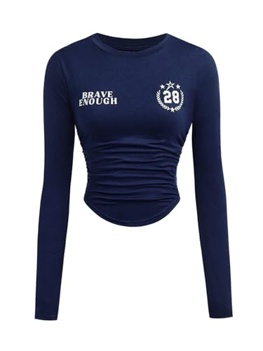 SweatyRocks Girl's Long Sleeve Letter Graphic Tees Ruched Asymmetrical Fitted Top T Shirts