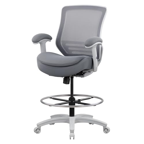 Image of 400lbs Office Drafting Chair Wide Dual Seat Cushion Height Adjustable Armrest for High Standing Desk with Lumbar Support and Enlarged Adjustable Footrest (Light Gray Frame Light Gray Fabric)