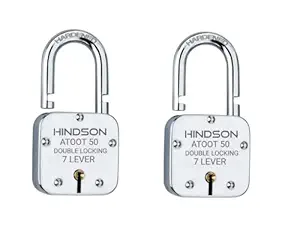 HINDSON Small Lock Atoot 50mm with 3 Key, Atoot 50 Steel Double Locking, 7 Lever Padlock for Door, Gate, Shutter (Finish Silver) (Atoot 50mm Pack 2)