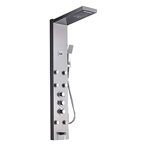 Columna de Ducha Digital con Panel Termostático, Sistema de Ducha con Cabezal de Lluvia, Duchador de Mano, Chorros Corporales y Salida para Bañera, Acabado en Niquel Cepillado miniatura 1