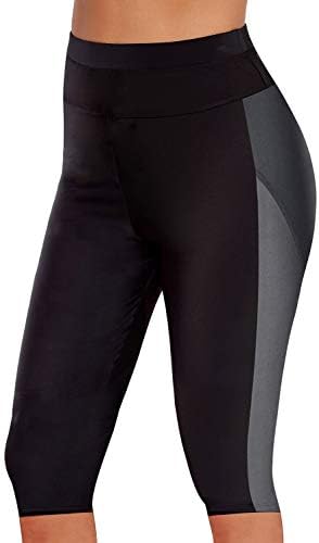 Urchics Womens Plus Size Rash Guard Capris Long Swim Shorts Tankini Bottom Sporty Black Gray 3X
