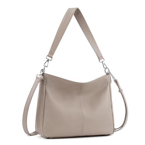 befen Damen Handtasche Echtleder Henkeltasche Shopper Tasche, Weiches Hobo Umhängetasche Schultertasche Frauen Mittelgroße mit 2 Schultergurten - Einfache Klassische Elegante, Grau