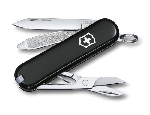 Image of Victorinox Classic SD Swiss Army Pocket Knife,7 Functions, Black | Mini EDC tool with small blade, scissors, nail file, tweezers, and key ring. Lightweight Swiss made construction