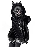 Kawaii Japanese Emo Goth Devil Ear Zip Up Hoodie Coat Women Teen Girl Fuzzy Fluffy Long Oversized Jacket (Black,One Size)