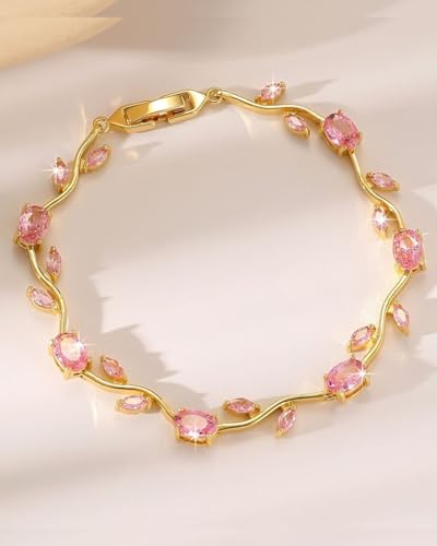 Image of Inites Fairy Bloom Floral Tulip Bracelet With Pink Crystal Stones For Girls & Women | Elegant Anti Tarnish Golden Chain Link Floral Branches Bracelet Lightweight Jewelry For Daily Wear & Gifts