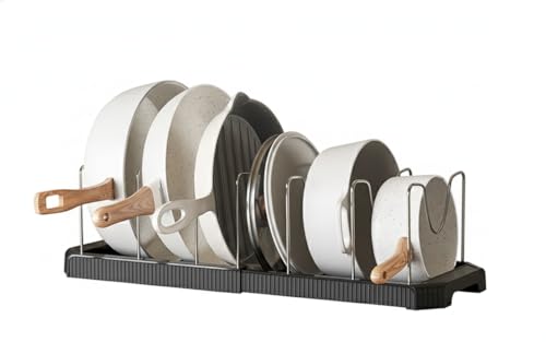 Image of STAR WORK Expandable Pull-Out Pan & Pot Organizer Pan Dish Rack Stand Organizer for Cabinet Kitchen Cabinet Cookware Baking Frying Rack (BLACK)