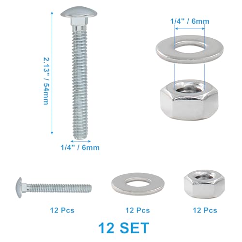 Image of 12 Sets 1 /4-20 x 2 Inch Carriage Bolt Kit, Carbon Steel Carriage Bolts Galvanized Carriage Bolt Assortment, Round Head Carriage Screws with Hex Nuts and Flat Washers Full Thread Coverage