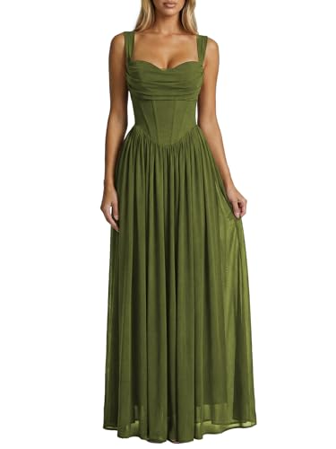CurvySweet Womens Corset Bodycon Formal Maxi Dress Built-in Bra Milkmaid Summer Formal Bridesmaid Wedding Guest Dresses Olive Green
