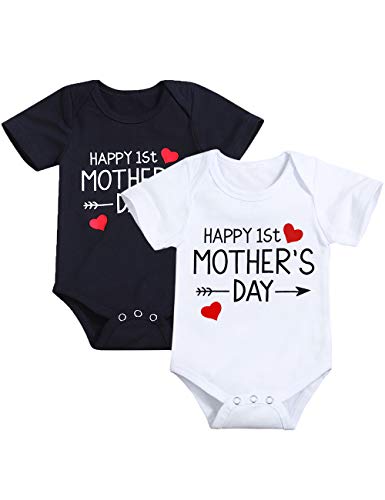 Happy First Mothers Day Newborn Baby Boy Girl Outfit Short Sleeve Bodysuit Twins Summer Romper Clothes Set (White, 3-6 Months) #TOP3