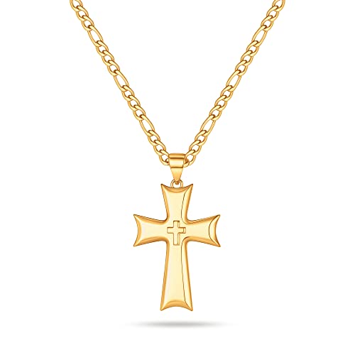 Collier croix homme doré en acier inoxydable et maille figaro aux finitions premium