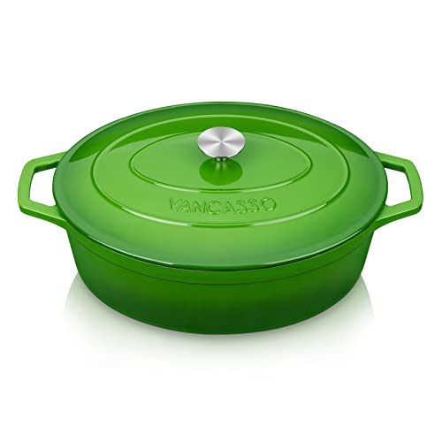 Image of vancasso 9.3 Qt Oval Enameled Cast Iron Dutch Oven with Lid, Green | Bread baking, roasting, braising, self-basting lid, oven to 500F on gas, induction, ceramic, non-toxic enamel, family size.