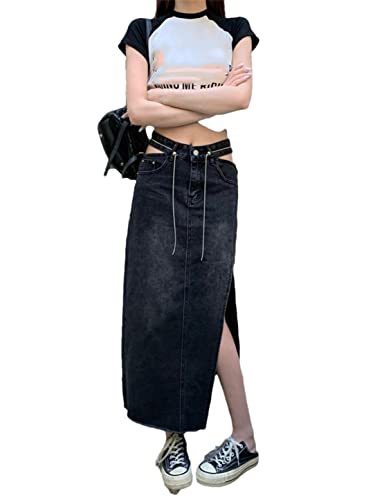 Jupe mi-longue sexy en denim bleu qui valorise les silhouettes en taille 44