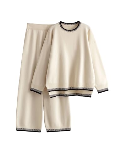 Lentta Women's 2 Piece Sweater Sets Outfits Long Sleeve Knit Pullover Tops Wide Leg Pants Lounge Sets Tracksuits(Beige-S)