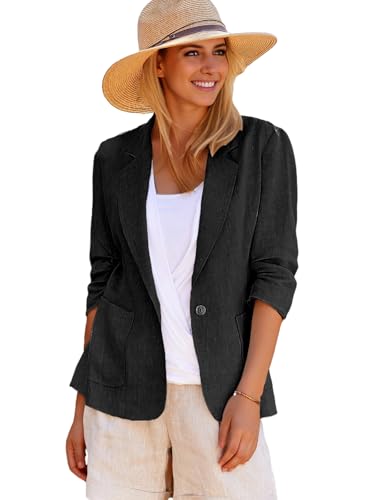 Mina Self 2025 Summer Linen Blazer Women Lightweight 3/4 Stretchy Ruched Sleeve Fully-Lined Casual Work Jacket with Pockets