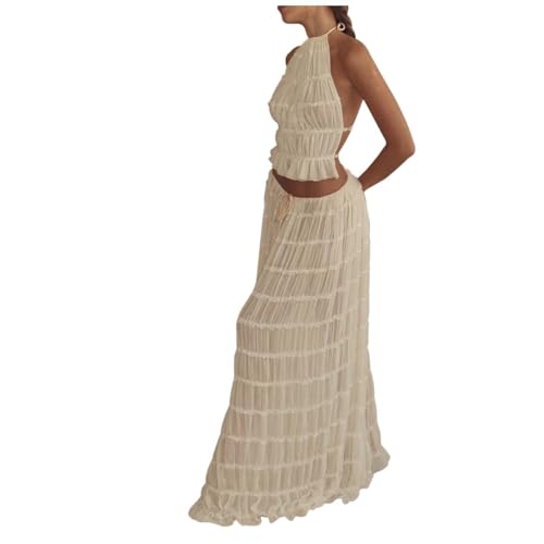 Women's 2 Piece Maxi Skirt Set - Lace Up Backless Tank Top & Flowy Long Skirt - Y2K Summer Outfits - Beachwear - Long Maxi Dress White