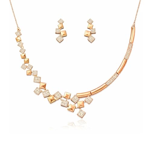 Image of Nilu's Collection Rose Gold Plated AD Stone Jewellery Set for Women, Girls | Special Ocassion, Wedding, Engagement, Dating | Anti Tarnish | Anti Allergy | Necklace and Earring Set | Gift for Her