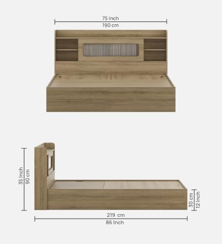 Image of Mintwud Pepperfry Engineered Wood Cavour King Size Bed with Hydraulic Storage and Open Shelves | Wooden Double Bed Cot Palang Furniture for Living Room Bedroom Home and Hotels (Santana Oak Finish)