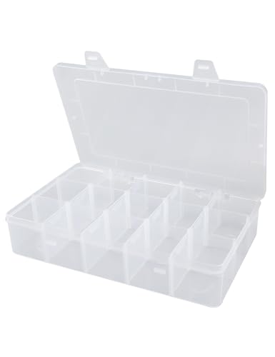 Hlotmeky Plastic Organizer Box with Dividers Bead Organizer 15 Large Grids Tackle box Organizer Clear Snackle Box Container