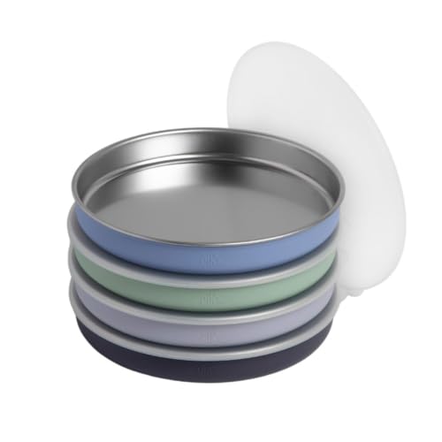 Elk and Friends Kids Stainless Steel Plates with Silicone Sleeves + Lid| Suitable for Babies/Toddlers | Dishwasher Safe | Non Slip Dinnerware | Snack Dishes | 4 Pack